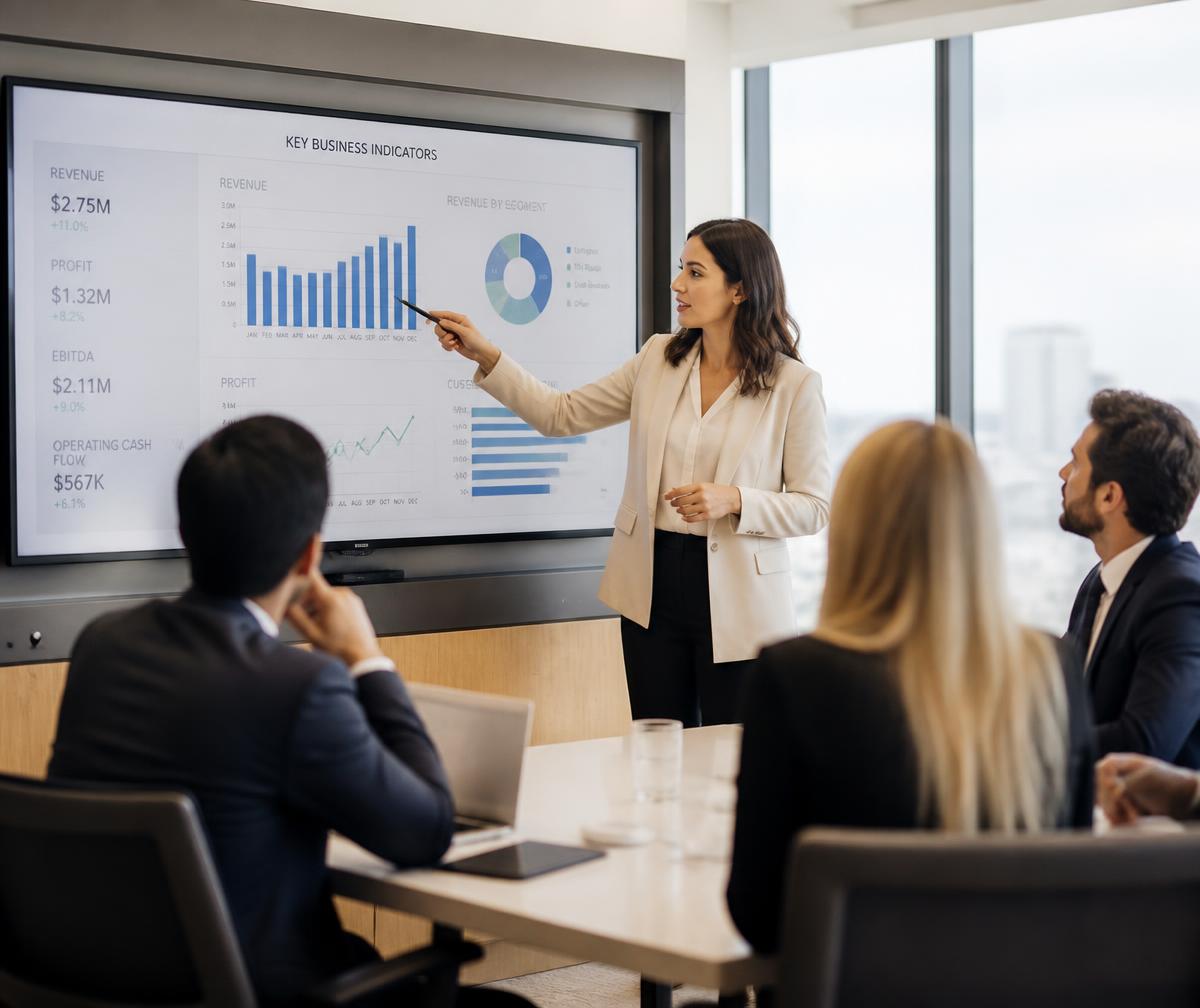 Consultora apresentando indicadores de gestão para uma equipe