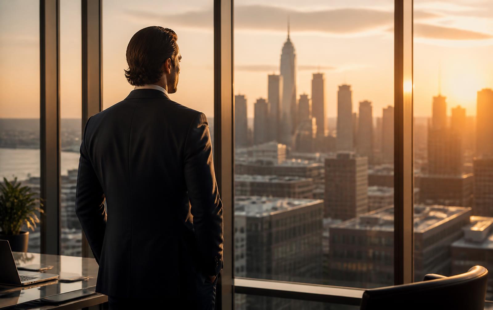 Empresário observando sua empresa e a cidade ao entardecer